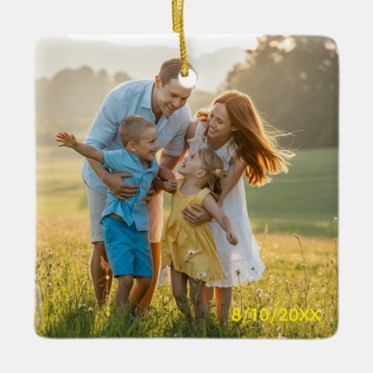 Custom Double Sided Family Two Photo Christmas Cer Keramikornament (Vorderseite)