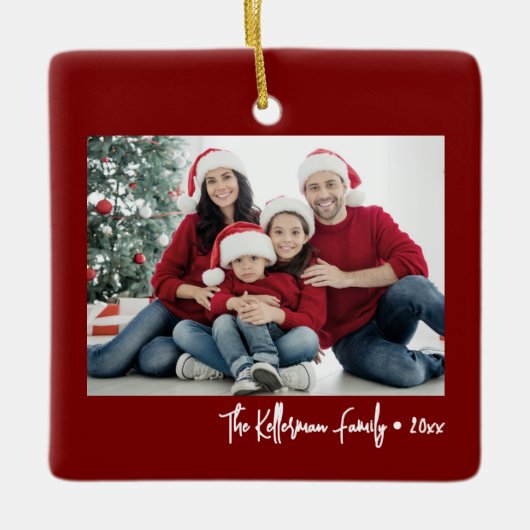 Custom Double Sided Family Two Photo Christmas Keramikornament (Vorderseite)
