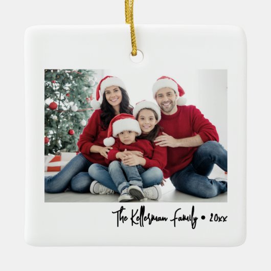 Custom Double Sided Family Two Photo Christmas Keramikornament (Vorderseite)