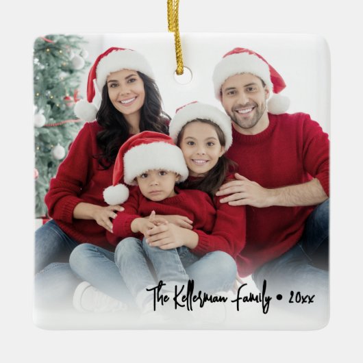 Custom Double Sided Family Two Photo Christmas Keramikornament (Vorderseite)