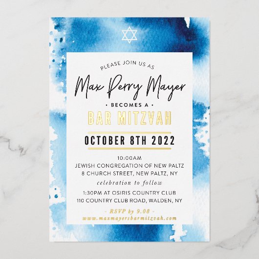 CUSTOM DRUCKORREKT 7 x 5 Zoll Max's Bar Mitzvah Fo Folieneinladung (Vorderseite)