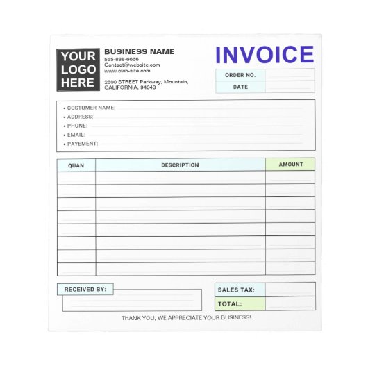 Custom Duplicate Sales Invoice Forms, Company Logo Notizblock (Vorderseite)