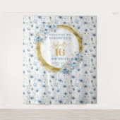 Custom Dusty Blue Sweet 16 Gold Glitzer Party Sign Wandteppich (Vorderseite)