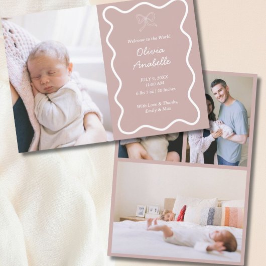Custom Dusty Pink Bow Wavy Boho Collage Baby Birth Ankündigung