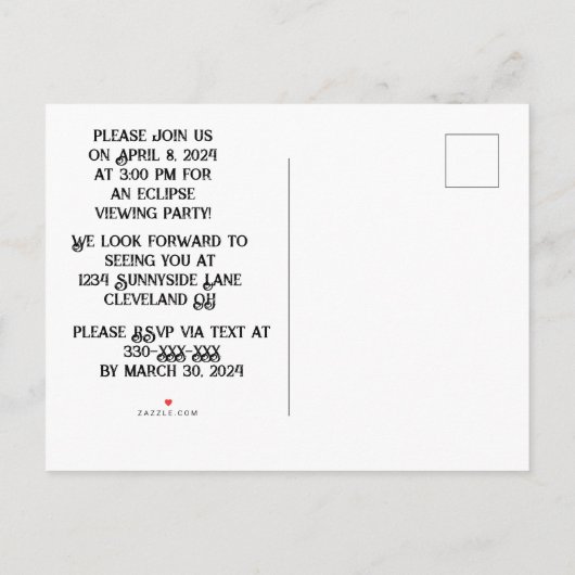 CUSTOM ECLIPSE VIEWING PARTY EINLADUNGSPOSTKARTE (Rückseite)