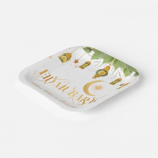 Custom "Eid Mubarak" White Gold Lanterns + Moon Pappteller (Gewinkelt)