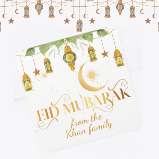 Custom "Eid Mubarak" White Gold Lanterns + Moon Quadratischer Aufkleber