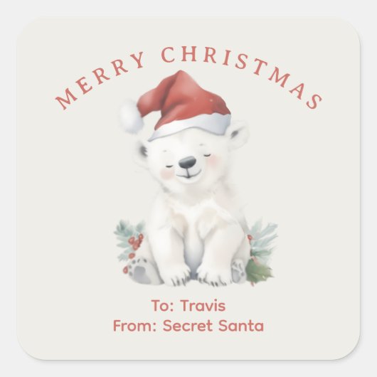Custom Eisbär Aquarell Weihnachtsgeschenk Quadratischer Aufkleber (Vorderseite)
