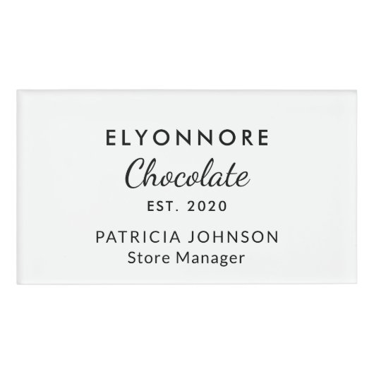 Custom Elegant B&W Minimal Chocolate Brand Staff Namenschild (Vorderseite)