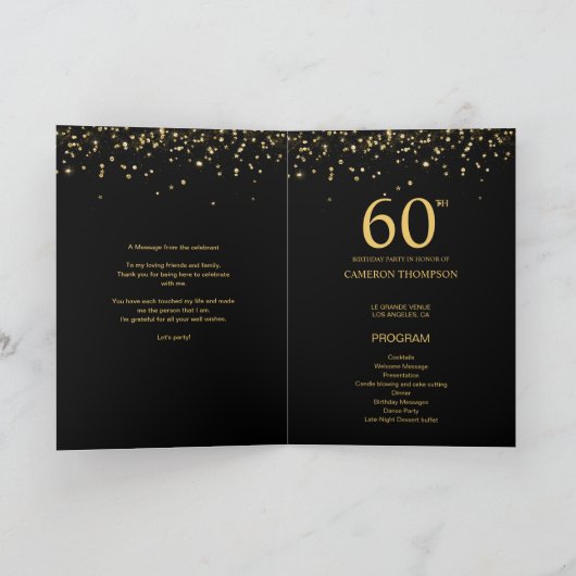 Custom Elegant Black & Gold confetti 60th Birthday Programm (Innenseite)