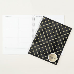 Custom Elegant Black Marble Gold Polka Dots Planer