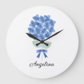 Custom Elegant Blue Blume Wall Clock Große Wanduhr (Vorderseite)