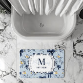 Custom Elegant Blue Bow Floral Monogram Badematte