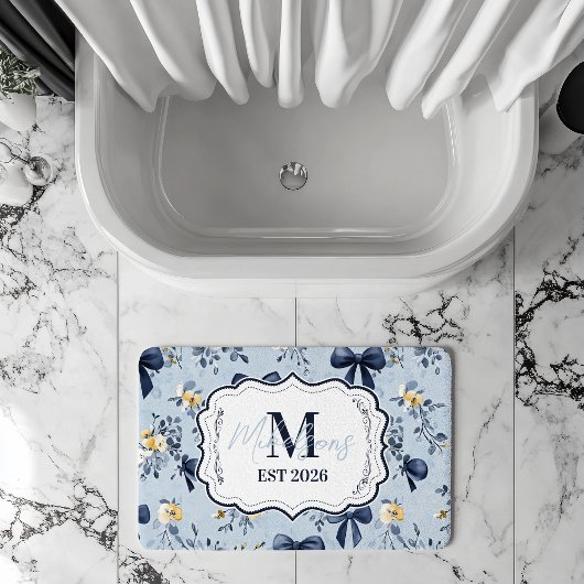 Custom Elegant Blue Bow Floral Monogram Badematte