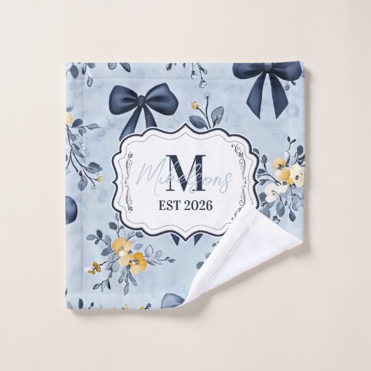 Custom Elegant Blue Bow Floral Monogram Badhandtuch Set (Waschlappen)