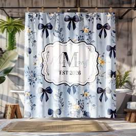 Custom Elegant Blue Bow Floral Monogram Duschvorhang