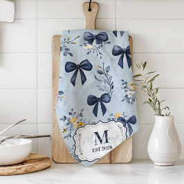 Custom Elegant Blue Bow Floral Monogram Geschirrtuch