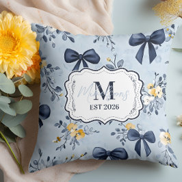 Custom Elegant Blue Bow Floral Monogram Kissen