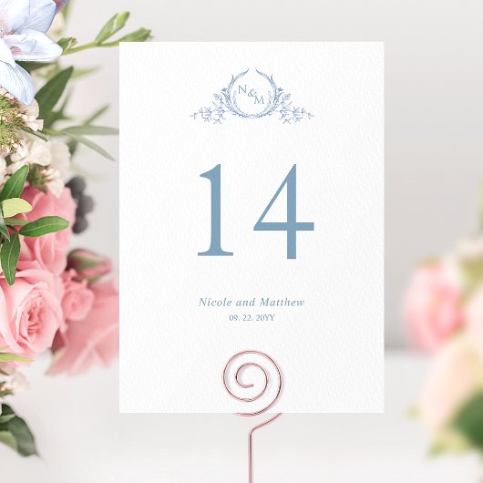 Custom, Elegant Blue Monogram Wedding Tischnummer