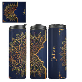 Custom Elegant Dark Blue Imitats Gold Mandala Thermosbecher
