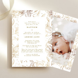 Custom Elegant Gold Floral Botanisches Taufen Foto Einladung