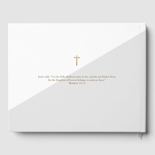 Custom Elegant Gray Gold Cross Baby Taufe Gästebuch (Rückseite)