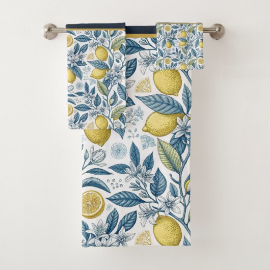Custom Elegant Mediterranean Lemon Botanical Navy Badhandtuch Set (Insitu)