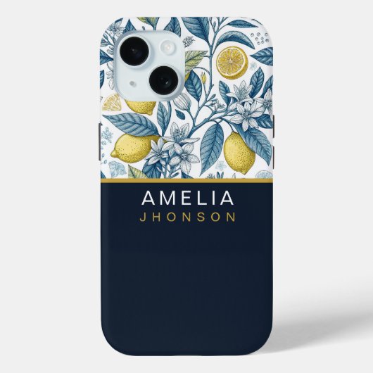 Custom Elegant Mediterranean Lemon Botanical Navy Case-Mate iPhone Hülle (Rückseite)