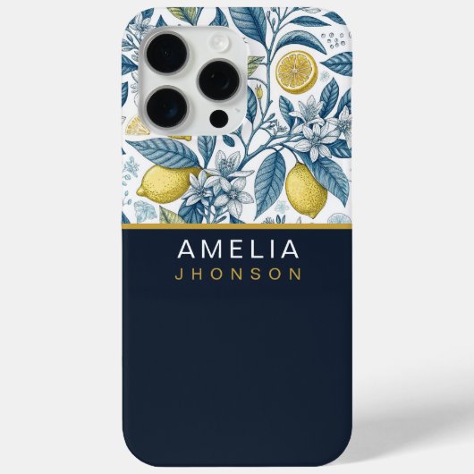 Custom Elegant Mediterranean Lemon Botanical Navy Case-Mate iPhone Hülle (Rückseite)