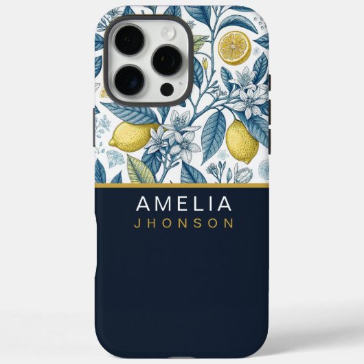 Custom Elegant Mediterranean Lemon Botanical Navy Case-Mate iPhone Hülle (Rückseite)