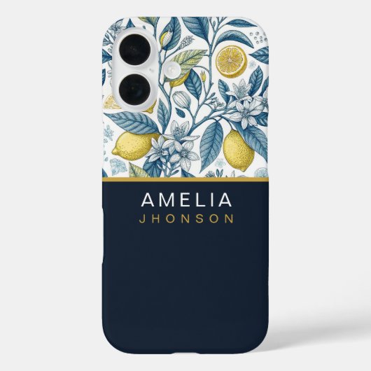 Custom Elegant Mediterranean Lemon Botanical Navy Case-Mate iPhone Hülle (Rückseite)