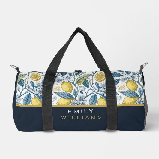 Custom Elegant Mediterranean Lemon Botanical Navy Duffle Bag (Vorderseite)