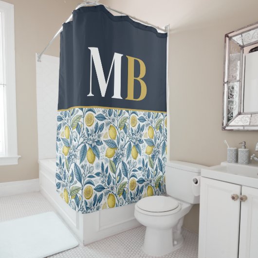 Custom Elegant Mediterranean Lemon Botanical Navy Duschvorhang (Beispiel)