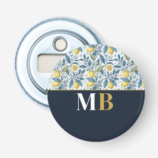 Custom Elegant Mediterranean Lemon Botanical Navy Flaschenöffner (Vorderseite)