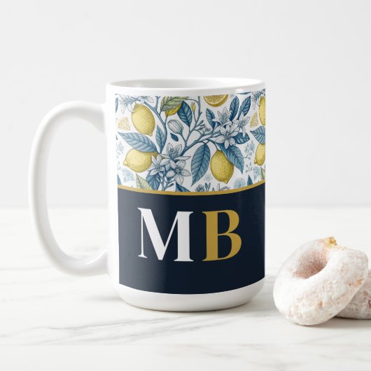 Custom Elegant Mediterranean Lemon Botanical Navy Kaffeetasse (Mit Donut)
