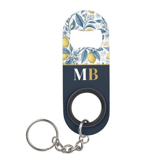 Custom Elegant Mediterranean Lemon Botanical Navy Mini Flaschenöffner (Vorderseite)