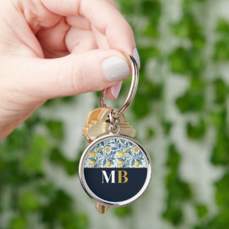 Custom Elegant Mediterranean Lemon Botanical Navy Schlüsselanhänger