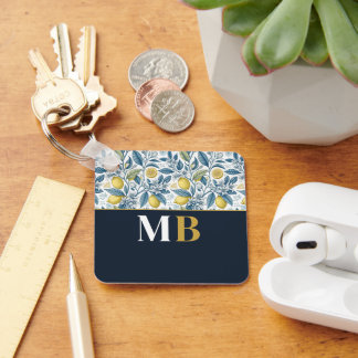 Custom Elegant Mediterranean Lemon Botanical Navy Schlüsselanhänger