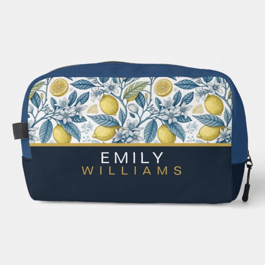 Custom Elegant Mediterranean Lemon Botanical Navy Waschbeutel (Vorderseite)