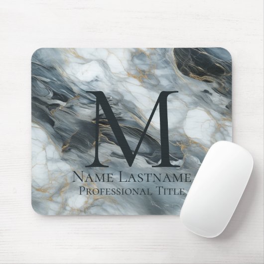 Custom Elegant Monogram Blue Gray Black Marble Mousepad (Mit Mouse)