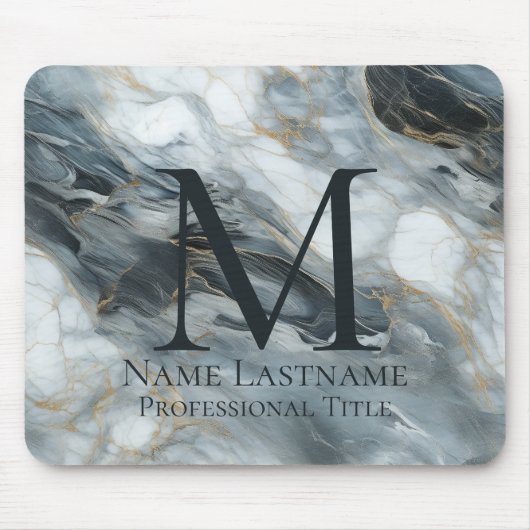 Custom Elegant Monogram Blue Gray Black Marble Mousepad (Vorne)
