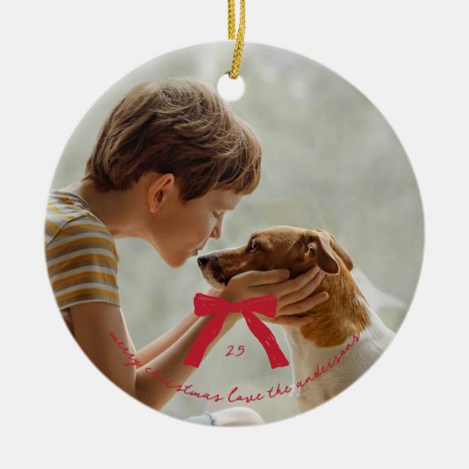 Custom Elegant Red Christmas Bow Foto Keramik Ornament (Vorne)