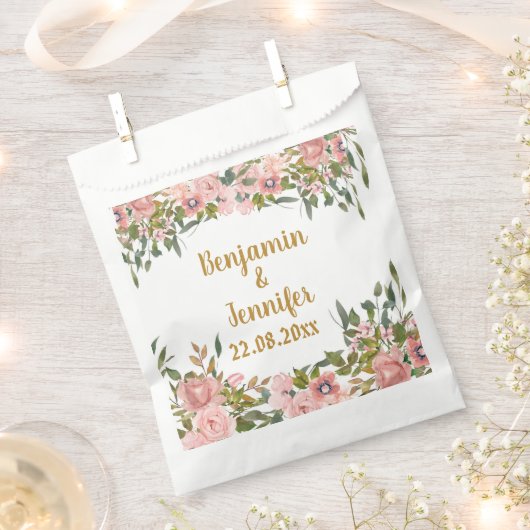 Custom Elegant Rosa Blumengrün Gastgeschenk Hochze Geschenktütchen (Ausgeschnitten)