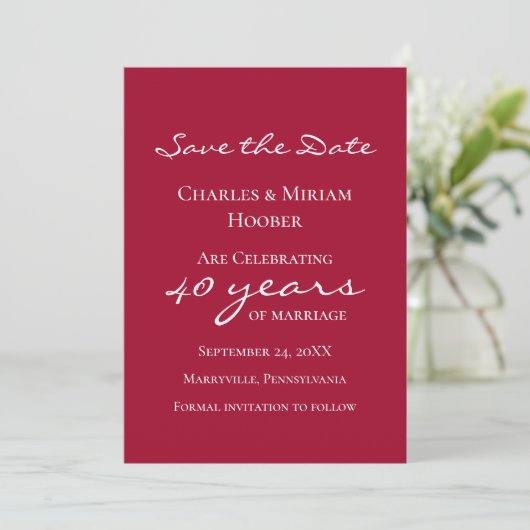 Custom Elegant Ruby 40th Wedding Anniversary Party Save The Date (Stehend Vorderseite)