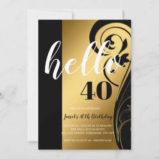 Custom Elegant Schwarz-weiß & Gold Hello 40 Party Einladung (Vorderseite)