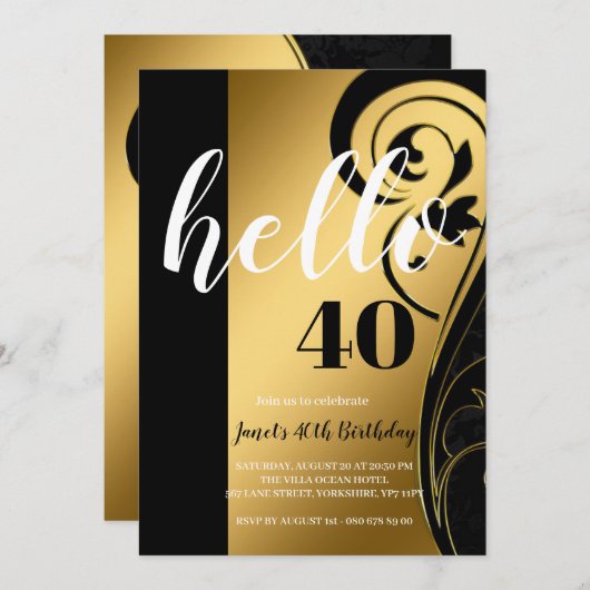 Custom Elegant Schwarz-weiß & Gold Hello 40 Party Einladung (Vorne/Hinten)