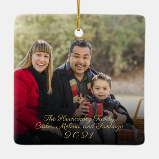 Custom Elegant Script 2-seitig Foto Weihnachtsfest Keramikornament (Rückseite)