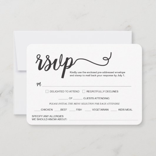 Custom Elegant script Hochzeit Mahlzeiten alle All RSVP Karte (Vorderseite)