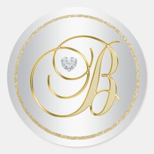 Custom Elegant Silver Gold Mit Monogramm 'B' Weddi Runder Aufkleber (Vorderseite)
