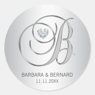 Custom Elegant Silver Monogrammed Letter B Wedding Runder Aufkleber